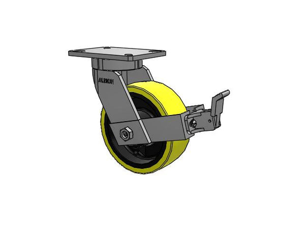 Value Kingpinless 8"x3" HD Poly-on-Iron Caster with Face Brake, 3500 lb Load Capacity, 7.25"x5.25" Plate, and 10.75" Swivel Radius Albion-Casters