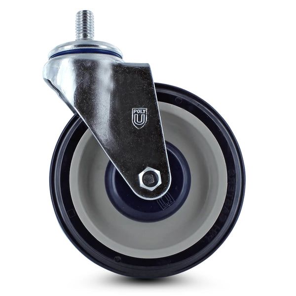 Shopping cart caster and wheel assembly for retail, grocery and warehouse club use