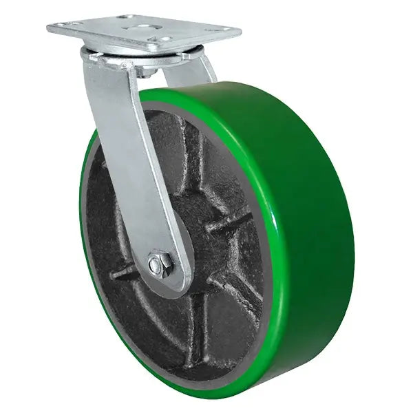 12" x 3" Heavy Duty Swivel Caster - Green Polyurethane on Steel Wheel - 2,500 lbs Capacity Per Caster -  | CasterHQ