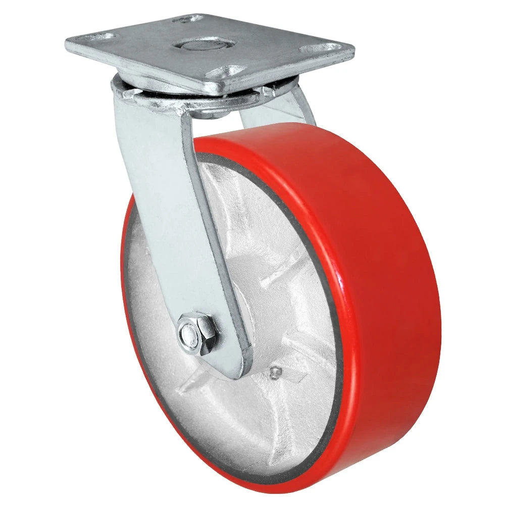8" x 3" Heavy Duty Swivel Caster - Red Polyurethane on Steel Wheel - 2,500 lbs Capacity Per Caster CasterHQ