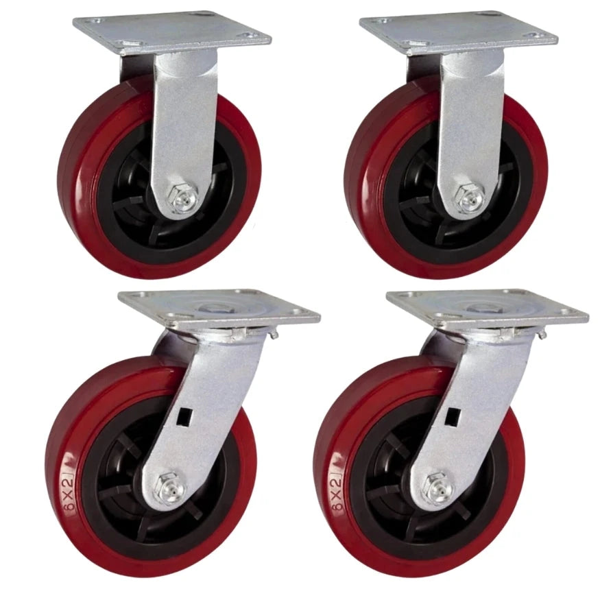 6" X 2" Heavy Duty Caster Set of 4 - 2 Swivel Casters and 2 Rigid Casters - 2880 lbs Per set of 4 - (4 pack) - Dark red Polyurethane on Black Polyolefin Core CasterHQ