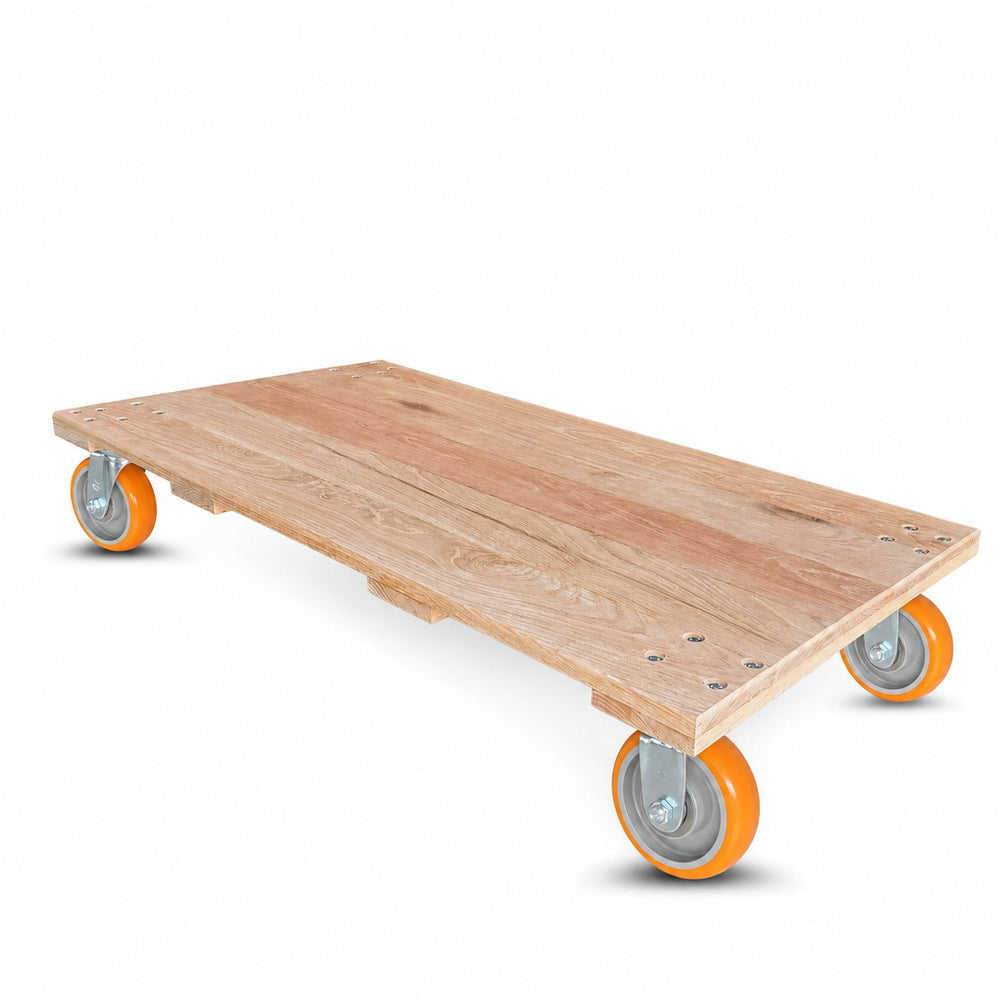 72 inch by 36 inch solid oak deck platform cart with four 8 inch by 2 inch kingpinless swivel casters and orange ergonomic polyurethane on aluminum wheels, 3,750 lb working capacity, CasterHQ