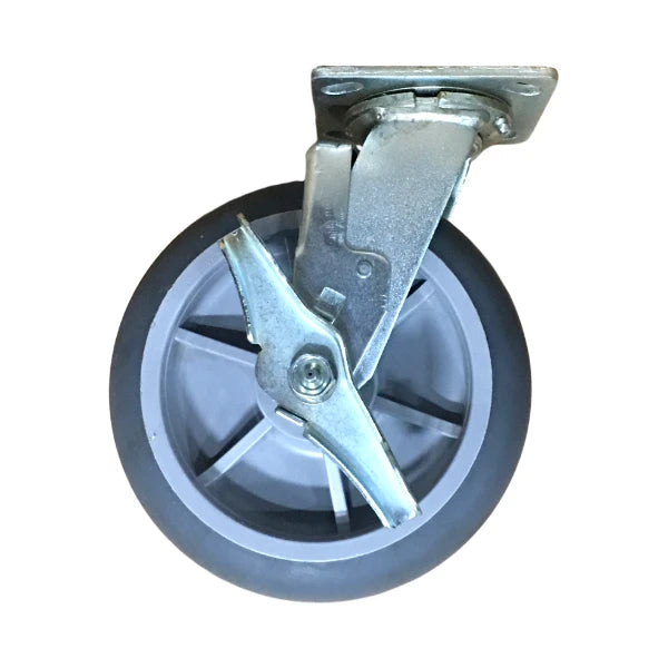Corps Design 8" Gray Thermoplastic Swivel Caster with Brake | Non-Marring TPR Wheel | 8CASTB-TPR | Indoor Cart Replacement Caster for Gym Floors and Tarps Corps Design Logo - We Move Music