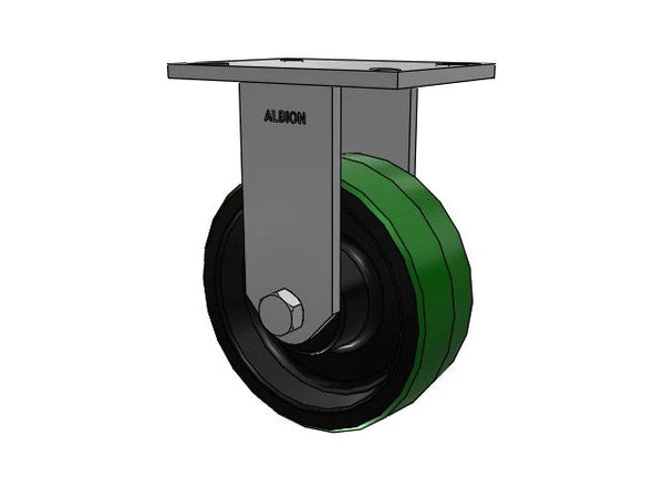 Albion Casters HD Raceway 8" x 3" Green Poly-on-Iron Rigid Caster with Tapered Roller Bearings and 7.25" x 5.25" Plate - Heavy-Duty Performance, Model 90PY08509R Albion-Casters