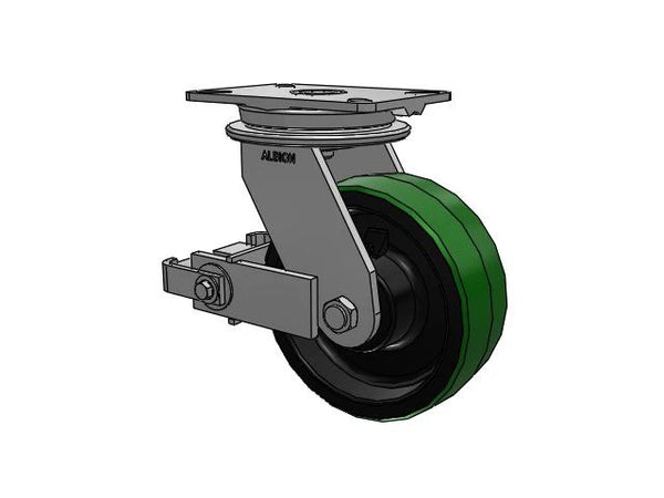 Albion Casters HD Raceway 8" x 3" Green Poly-on-Iron Tapered Roller Bearing Wheel Caster with Poly-Cam Brake and 7.25" x 5.25" Plate - Heavy-Duty Industrial Caster for Smooth Operation and Enhanced Stability Albion-Casters