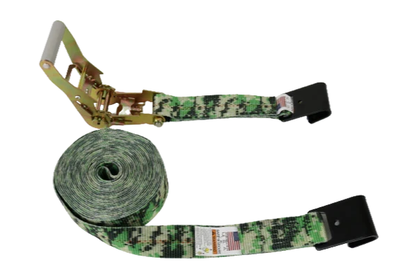 Green Camo Ratchet Strap 2" x 30' with Flat Hooks - Heavy-Duty 3,333 lbs Load Capacity - Secure & Durable Cargo Tie-Down CasterHQ