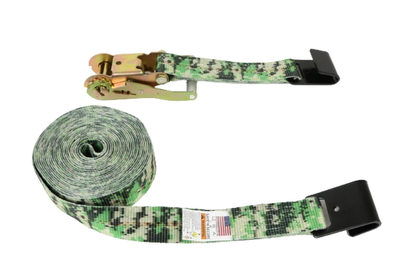 Green Camo Ratchet Strap 2" x 30' with Flat Hooks - Heavy-Duty 3,333 lbs Load Capacity - Secure & Durable Cargo Tie-Down CasterHQ