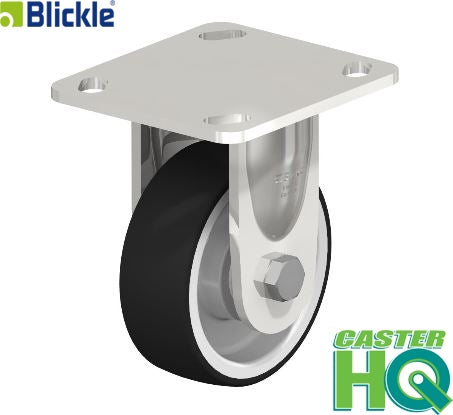 4" x 1-1/2" Chromium Nickel Stainless Steel Rigid Caster with Elastic Solid Rubber Tires 'Blickle EasyRoll' on Nylon Wheel Center Blickle