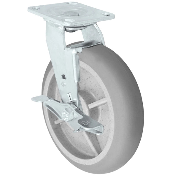 8" x 2" Gray Thermo Rubber Wheel Swivel Caster w/ Brake CasterHQ