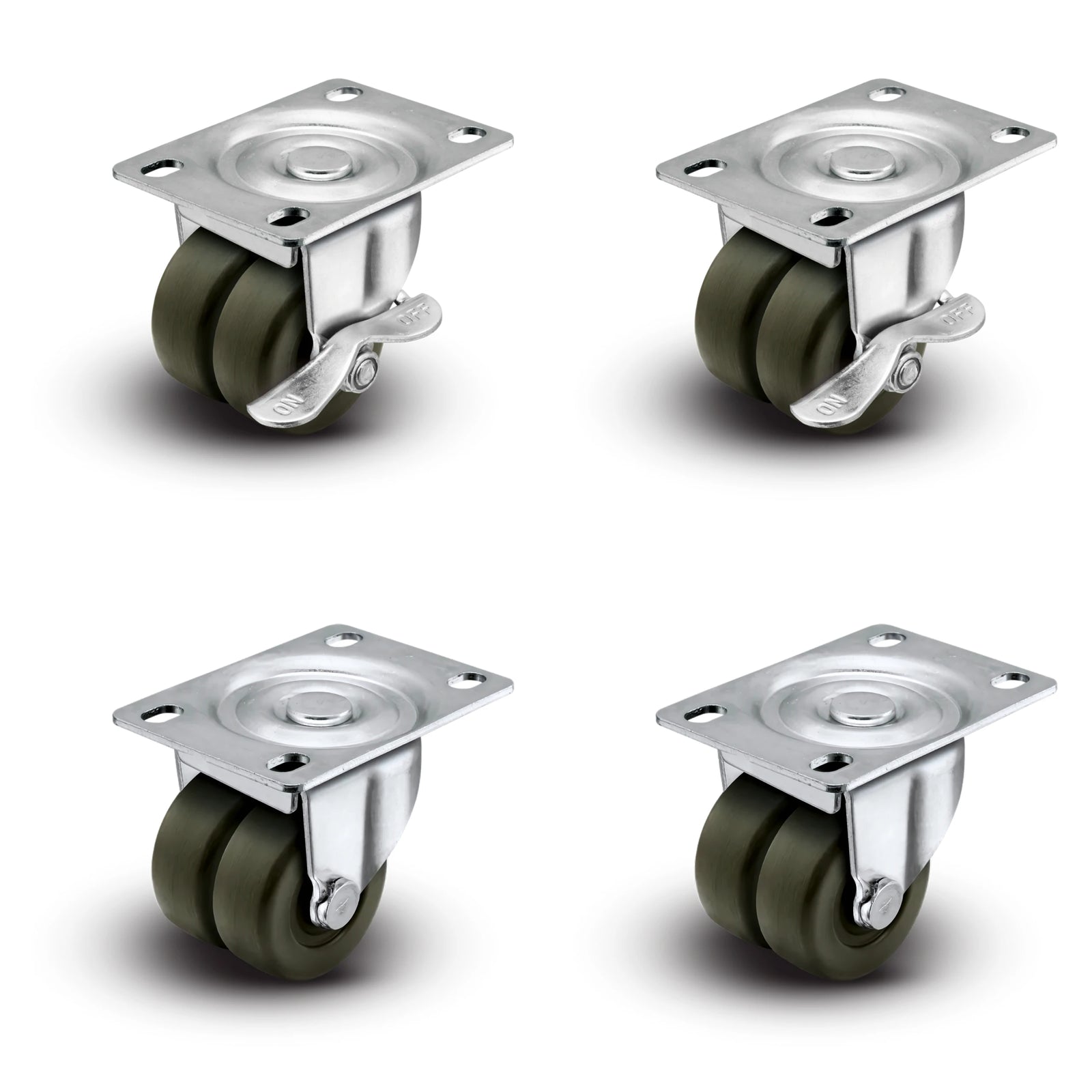 Premium 2" Low Profile Swivel Plate Casters -2 Plain Swivel & 2 With Brakes | Hard Rubber Dual Wheels | 225 lbs Capacity Each / 900 lbs Per Set of 4 | Smooth & Quiet Rolling | Heavy Duty Industrial Casters | Ideal for Furniture, Equipment, and More! Shepherd