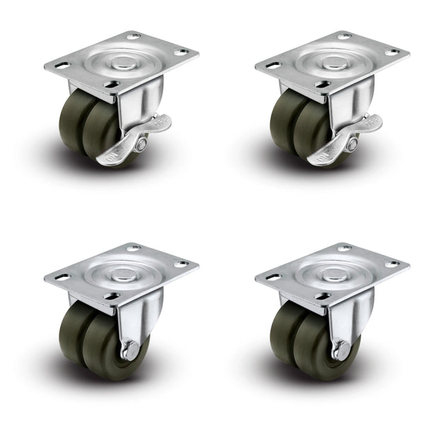 Premium 2" Low Profile Swivel Plate Casters -2 Plain Swivel & 2 With Brakes | Hard Rubber Dual Wheels | 225 lbs Capacity Each / 900 lbs Per Set of 4 | Smooth & Quiet Rolling | Heavy Duty Industrial Casters | Ideal for Furniture, Equipment, and More! Shepherd