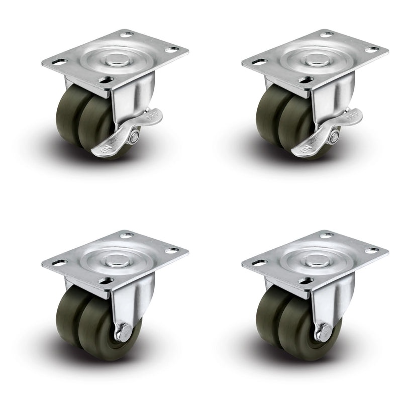 Premium 2" Low Profile Swivel Plate Casters -2 Plain Swivel & 2 With Brakes | Hard Rubber Dual Wheels | 225 lbs Capacity Each / 900 lbs Per Set of 4 | Smooth & Quiet Rolling | Heavy Duty Industrial Casters | Ideal for Furniture, Equipment, and More! Shepherd