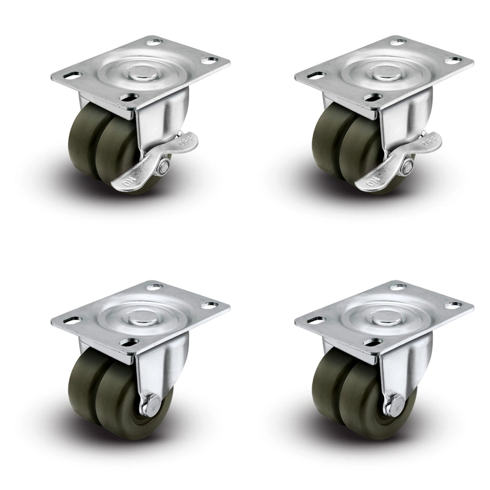 Premium 2" Low Profile Swivel Plate Casters -2 Plain Swivel & 2 With Brakes | Hard Rubber Dual Wheels | 225 lbs Capacity Each / 900 lbs Per Set of 4 | Smooth & Quiet Rolling | Heavy Duty Industrial Casters | Ideal for Furniture, Equipment, and More! Shepherd