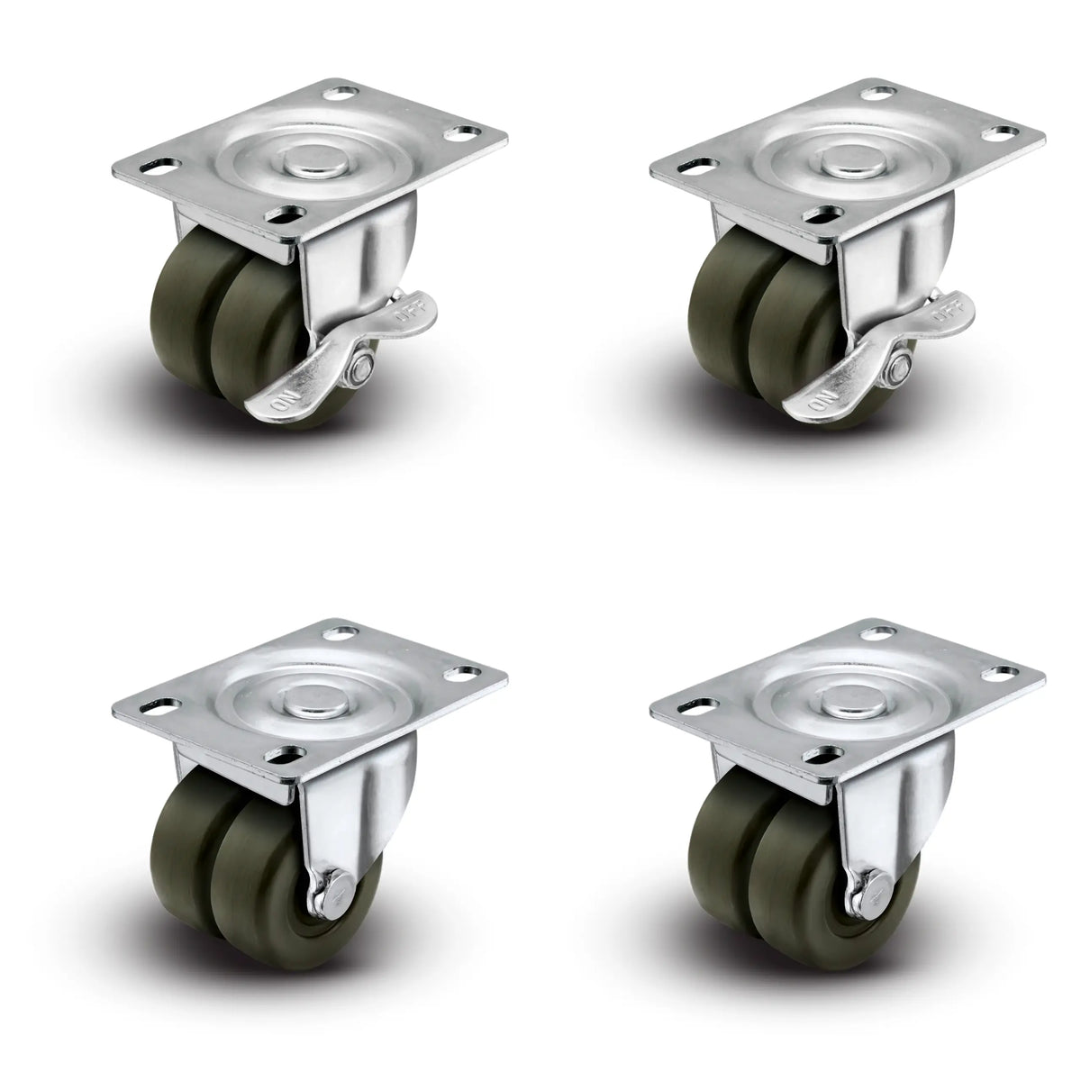 Premium 2" Low Profile Swivel Plate Casters -2 Plain Swivel & 2 With Brakes | Hard Rubber Dual Wheels | 225 lbs Capacity Each / 900 lbs Per Set of 4 | Smooth & Quiet Rolling | Heavy Duty Industrial Casters | Ideal for Furniture, Equipment, and More! -  | CasterHQ
