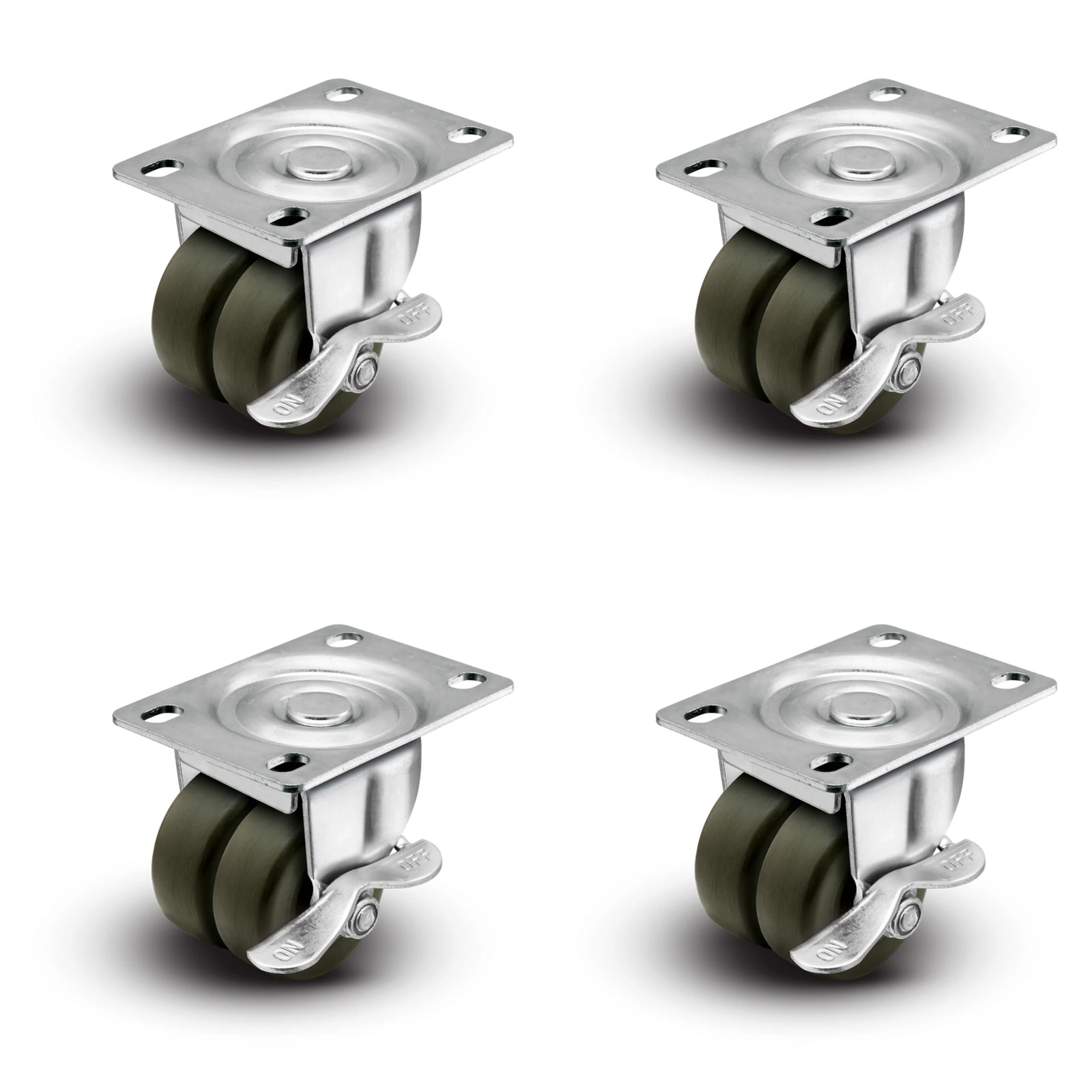 Premium 2" Low Profile Swivel Plate Casters | All with Brakes | Hard Rubber Dual Wheels | 225 lbs Capacity Each / 900 lbs Per Set of 4 | Smooth & Quiet Rolling | Heavy Duty Industrial Casters | Ideal for Furniture, Equipment, and More! Shepherd