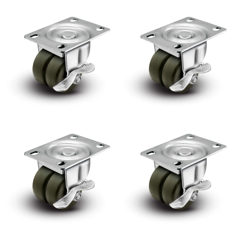 Premium 2" Low Profile Swivel Plate Casters | All with Brakes | Hard Rubber Dual Wheels | 225 lbs Capacity Each / 900 lbs Per Set of 4 | Smooth & Quiet Rolling | Heavy Duty Industrial Casters | Ideal for Furniture, Equipment, and More! Shepherd
