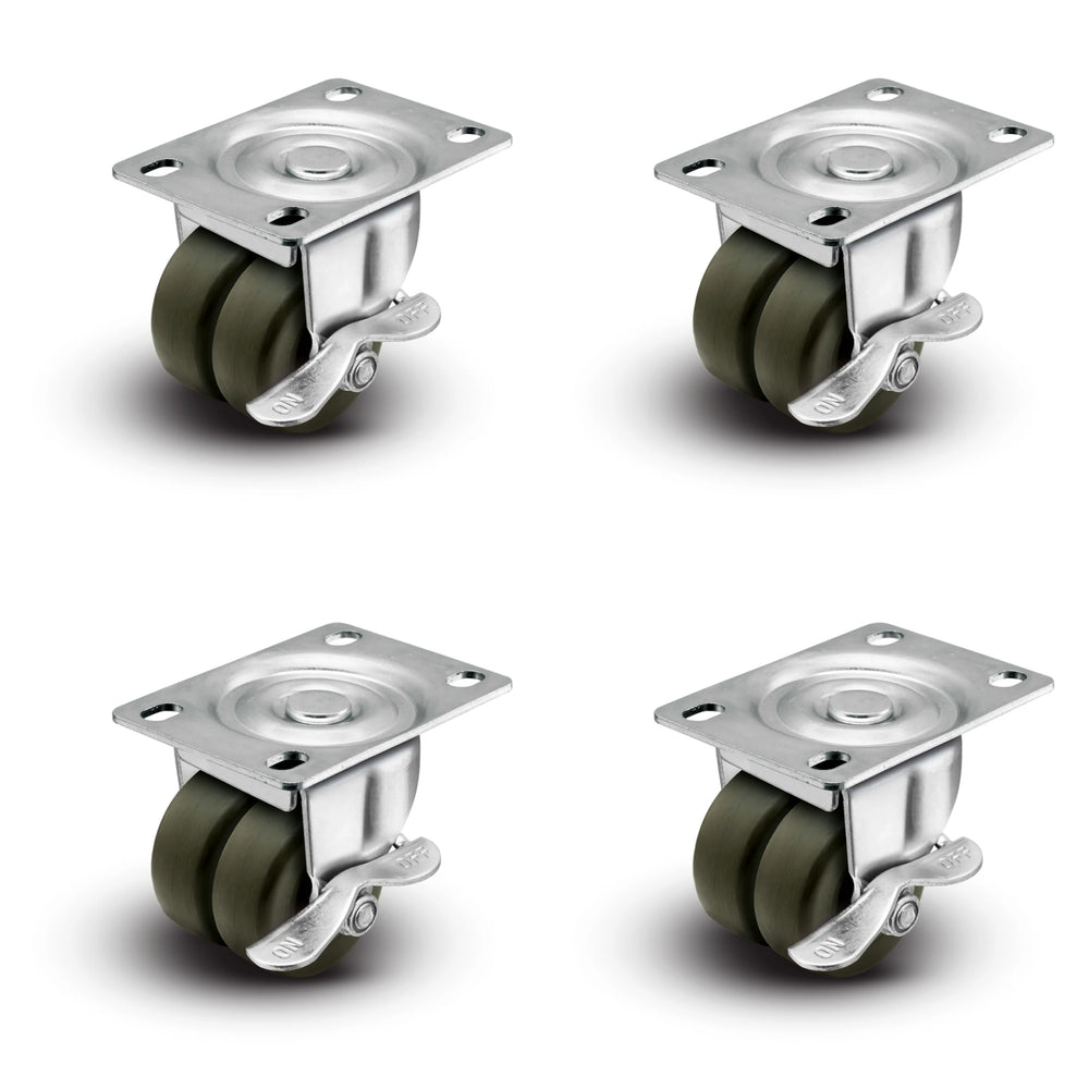 Premium 2" Low Profile Swivel Plate Casters | All with Brakes | Hard Rubber Dual Wheels | 225 lbs Capacity Each / 900 lbs Per Set of 4 | Smooth & Quiet Rolling | Heavy Duty Industrial Casters | Ideal for Furniture, Equipment, and More! Shepherd