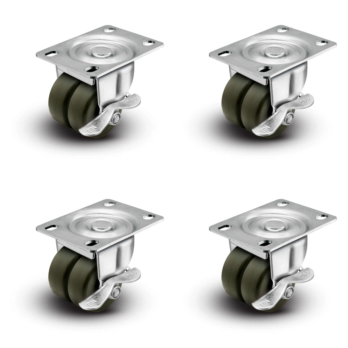 Premium 2" Low Profile Swivel Plate Casters | All with Brakes | Hard Rubber Dual Wheels | 225 lbs Capacity Each / 900 lbs Per Set of 4 | Smooth & Quiet Rolling | Heavy Duty Industrial Casters | Ideal for Furniture, Equipment, and More! -  | CasterHQ