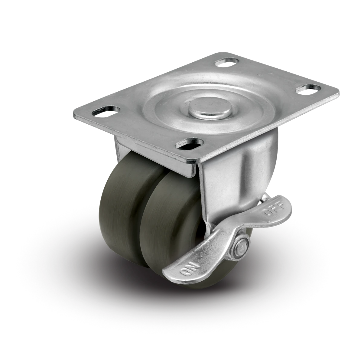 2" Low Profile Swivel Plate Caster w/ Side Lock Brake- Hard Rubber Dual Wheel - 225 lbs Capacity Shepherd