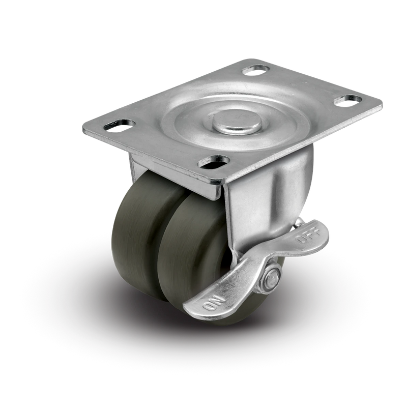 2" Low Profile Swivel Plate Caster w/ Side Lock Brake- Hard Rubber Dual Wheel - 225 lbs Capacity Shepherd