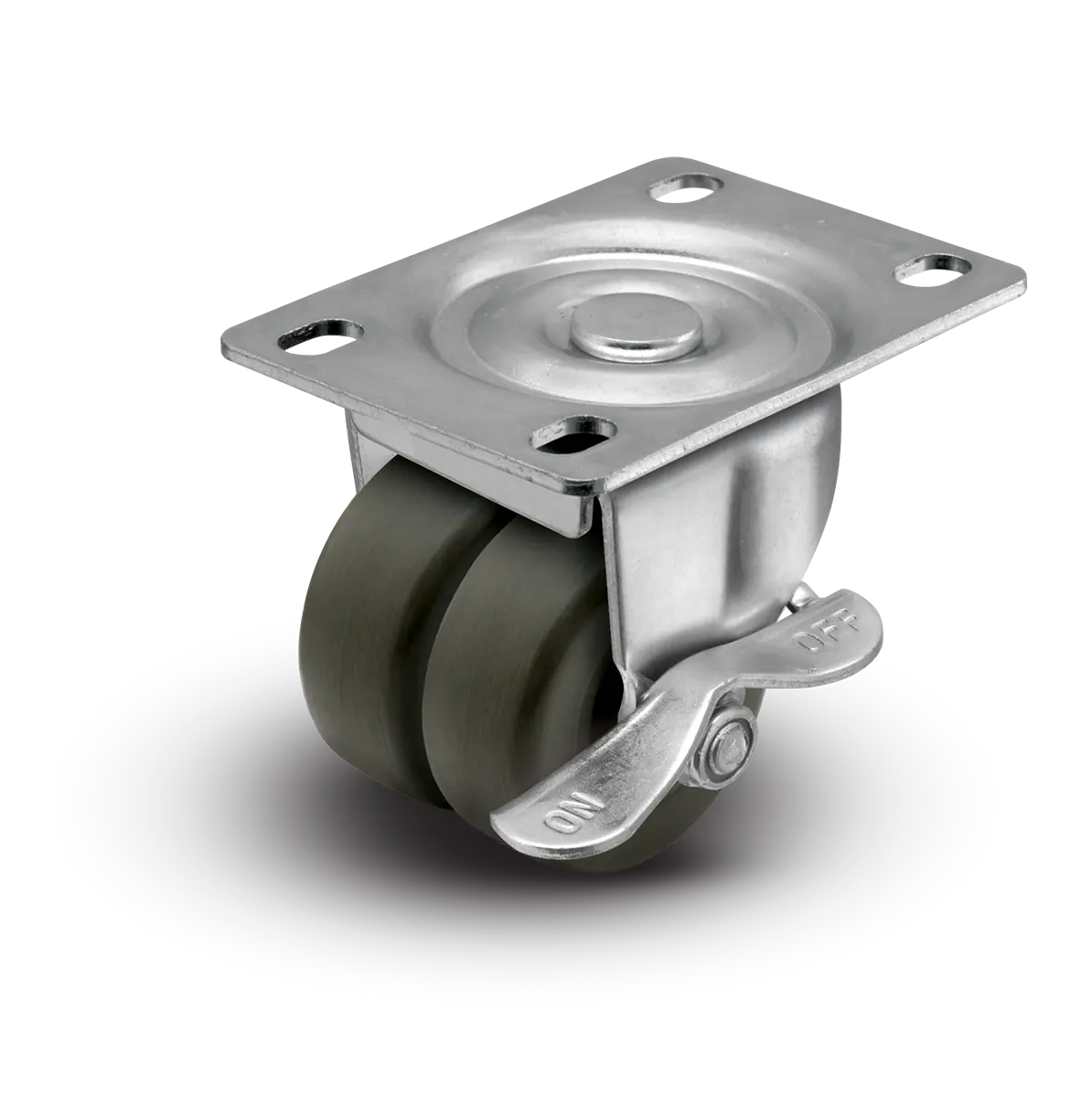 2" Low Profile Swivel Plate Caster w/ Side Lock Brake- Hard Rubber Dual Wheel - 225 lbs Capacity -  | CasterHQ
