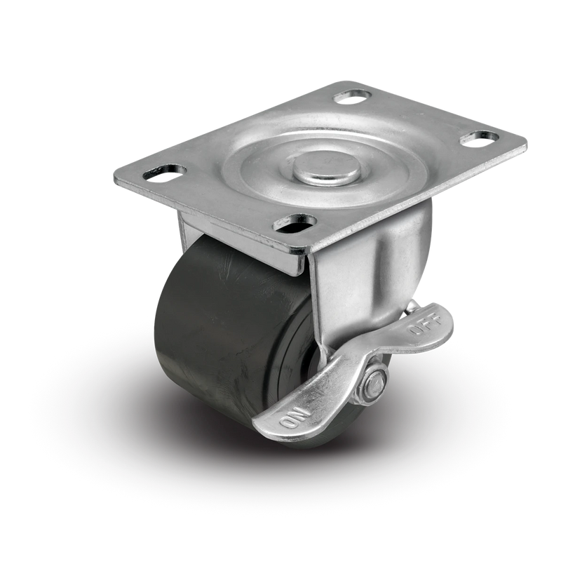 2" Low Profile Swivel Plate Caster - Polyolefin Log Wheel  w/Brake- 300 lbs Capacity Shepherd