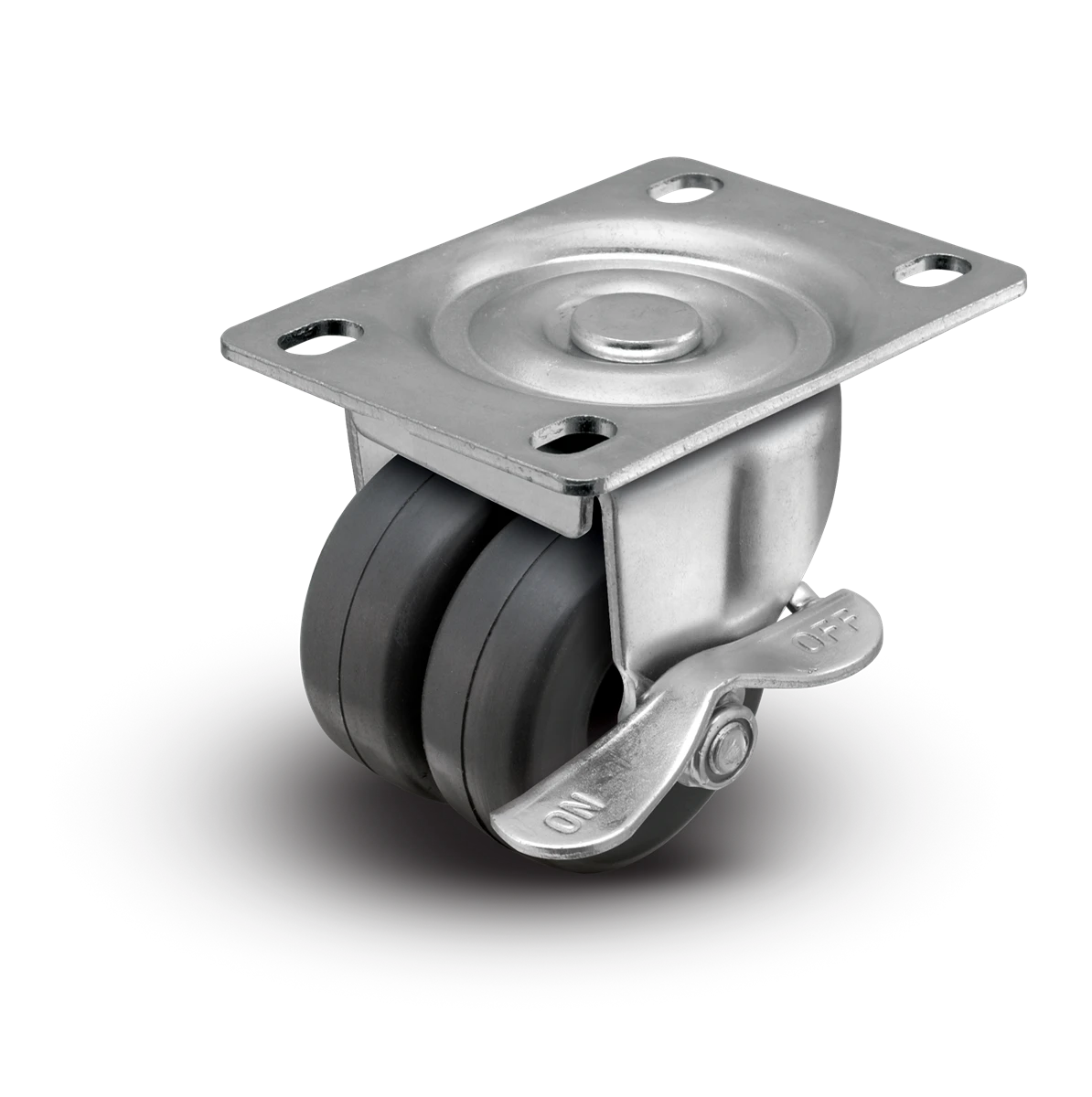 2" Low Profile Swivel Plate Caster w/Brake - Soft Rubber Dual Wheel - 180 lbs Capacity Shepherd