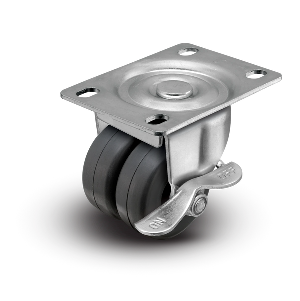 2" Low Profile Swivel Plate Caster w/Brake - Soft Rubber Dual Wheel - 180 lbs Capacity Shepherd