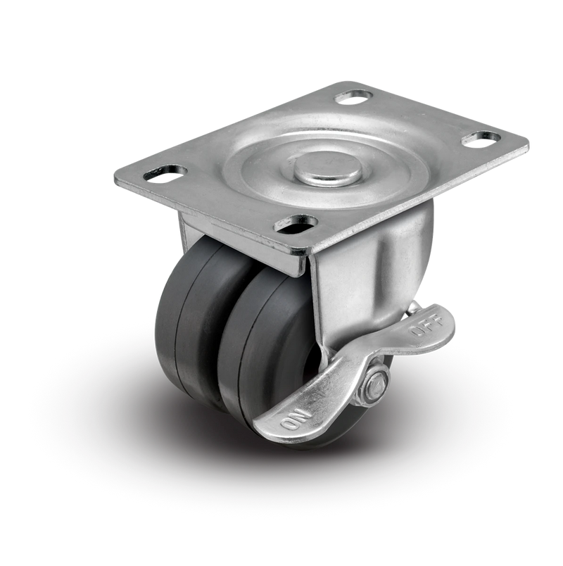 2" Low Profile Swivel Plate Caster w/Brake - Soft Rubber Dual Wheel - 180 lbs Capacity Shepherd