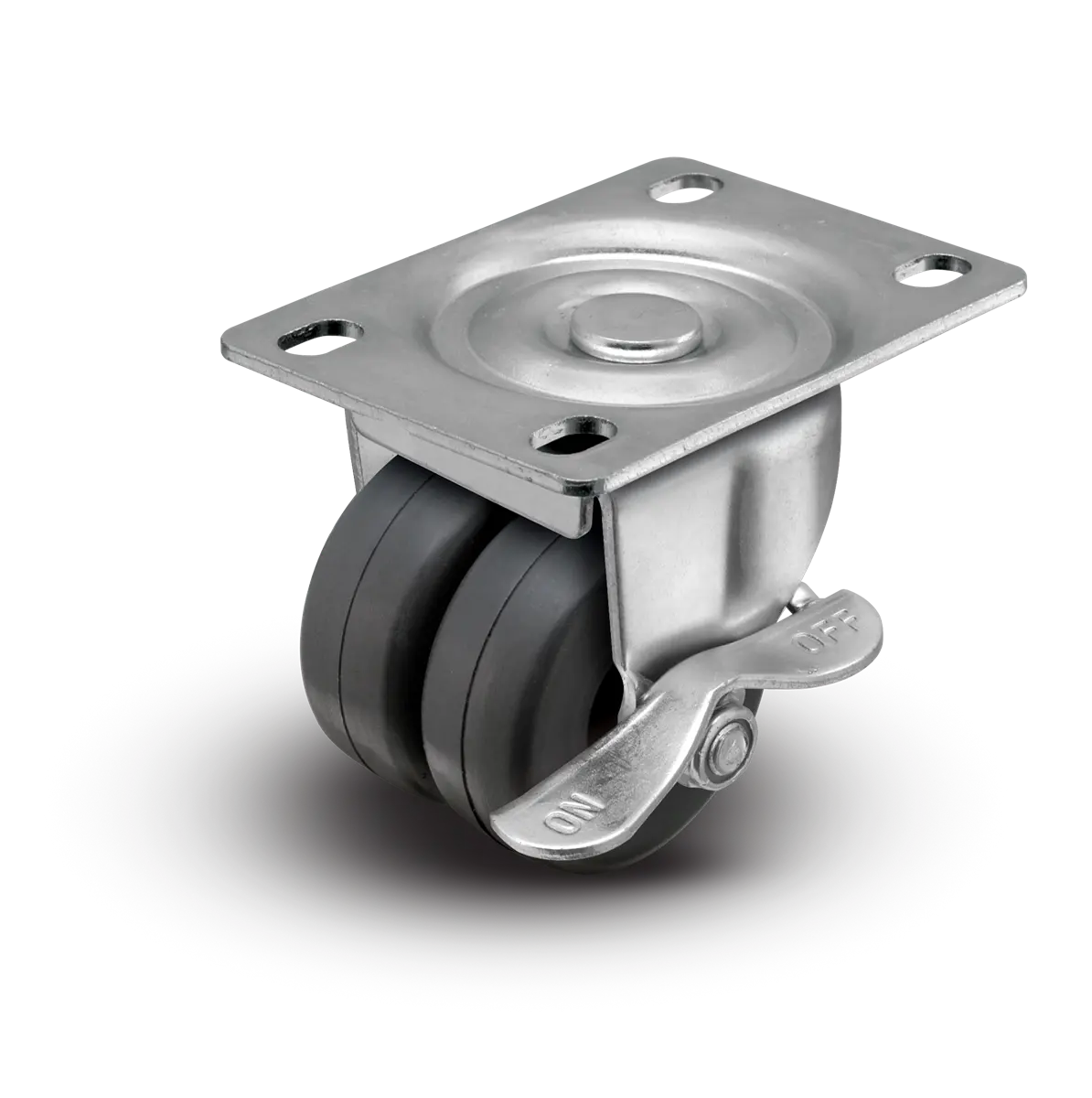 2" Low Profile Swivel Plate Caster w/Brake - Soft Rubber Dual Wheel - 180 lbs Capacity -  | CasterHQ