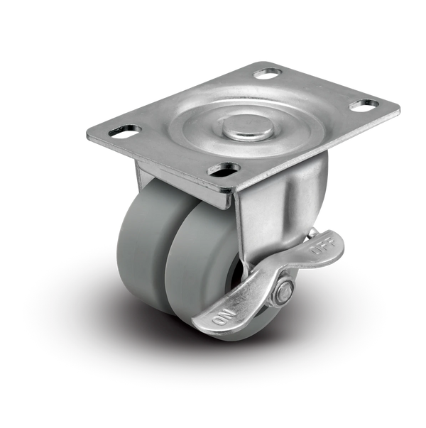 2" Low Profile Swivel Plate with Side Locking Brake Caster - TPR Dual Wheel - 180 lbs Capacity Shepherd