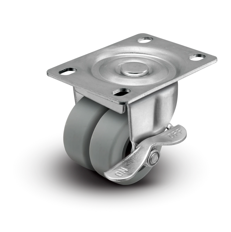2" Low Profile Swivel Plate with Side Locking Brake Caster - TPR Dual Wheel - 180 lbs Capacity Shepherd