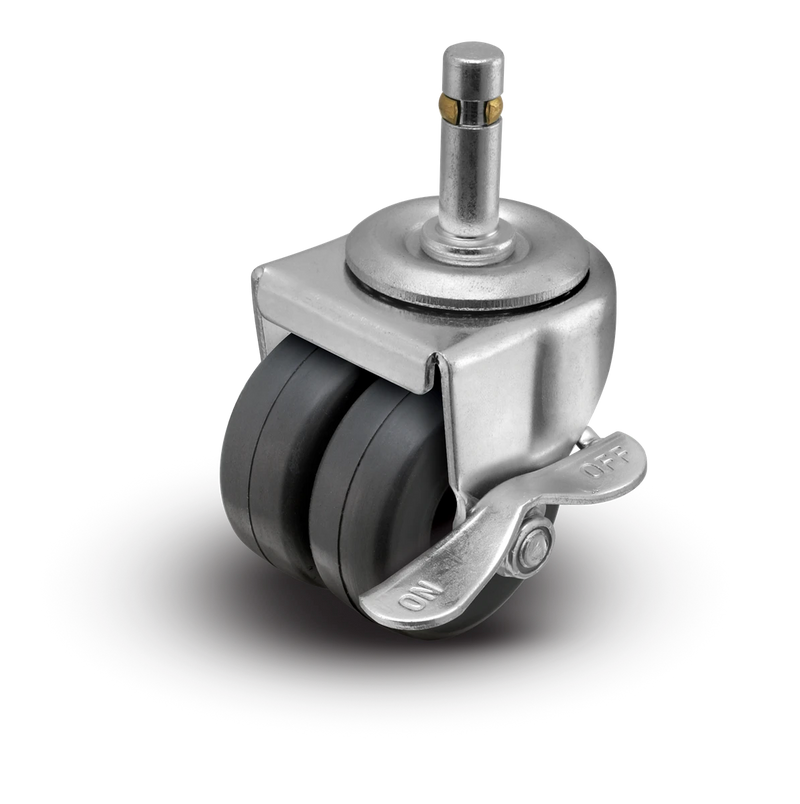 2" Low Profile Swivel Grip Ring Stem Caster w/Brakes - Soft Rubber Dual Wheel - 180 lbs Capacity Shepherd