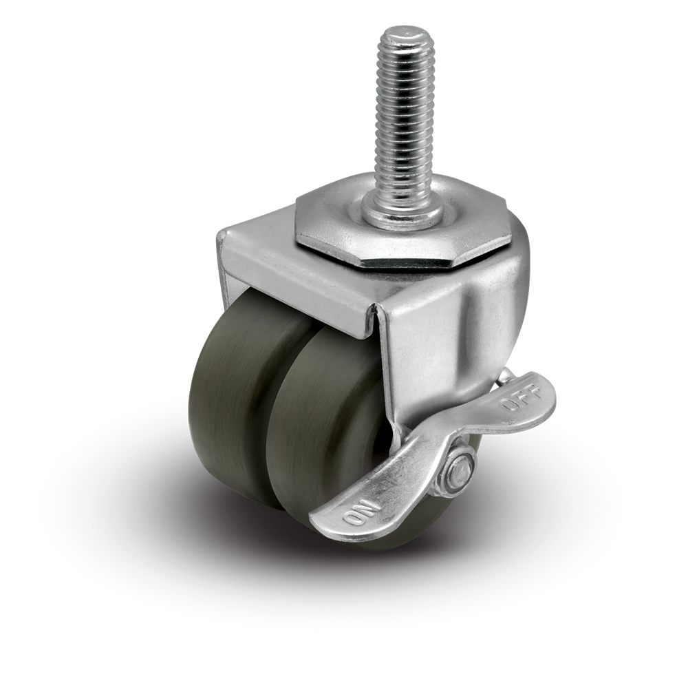 2" Low Profile Swivel Stem Caster with Brake- Hard Rubber Dual Wheel (Loden Grey) - 225 lbs Capacity Shepherd