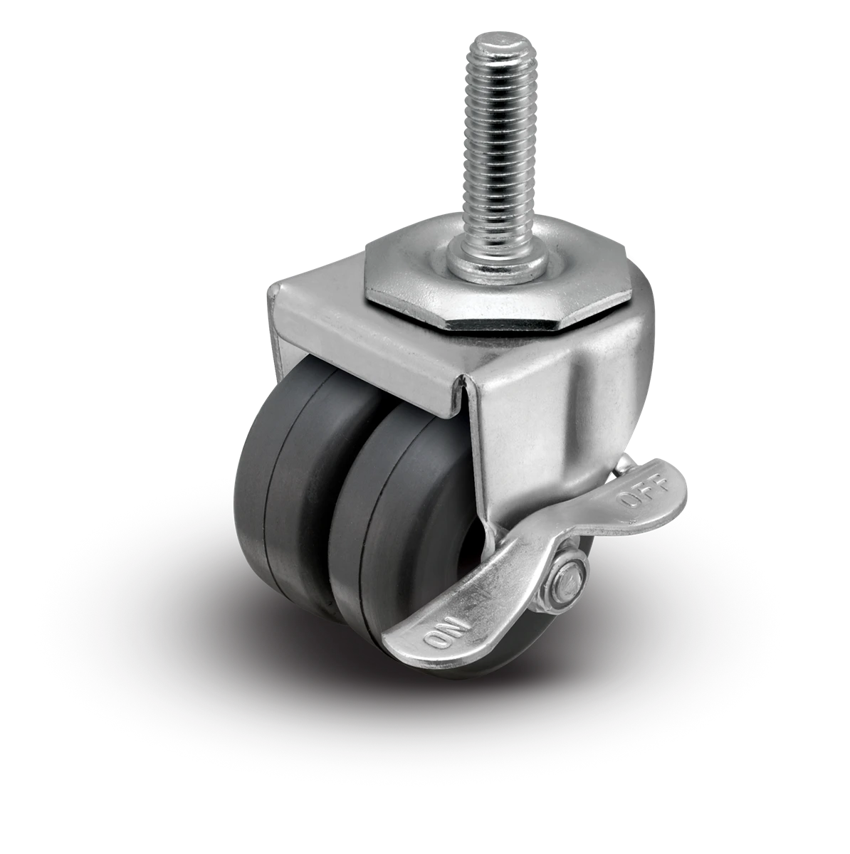 2" Low Profile Swivel Stem Caster with Side Lock Brake | Soft Rubber Dual Wheel (Dark Grey) | 180 lbs Capacity | 1/2"-13x1-1/2" Threaded Stem Shepherd