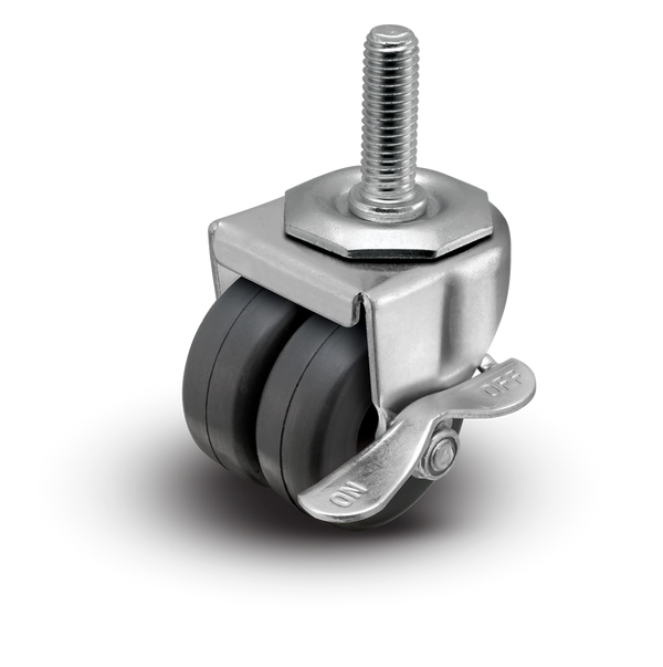 2" Low Profile Swivel Stem Caster with Side Lock Brake | Soft Rubber Dual Wheel (Dark Grey) | 180 lbs Capacity | 1/2"-13x1-1/2" Threaded Stem Shepherd
