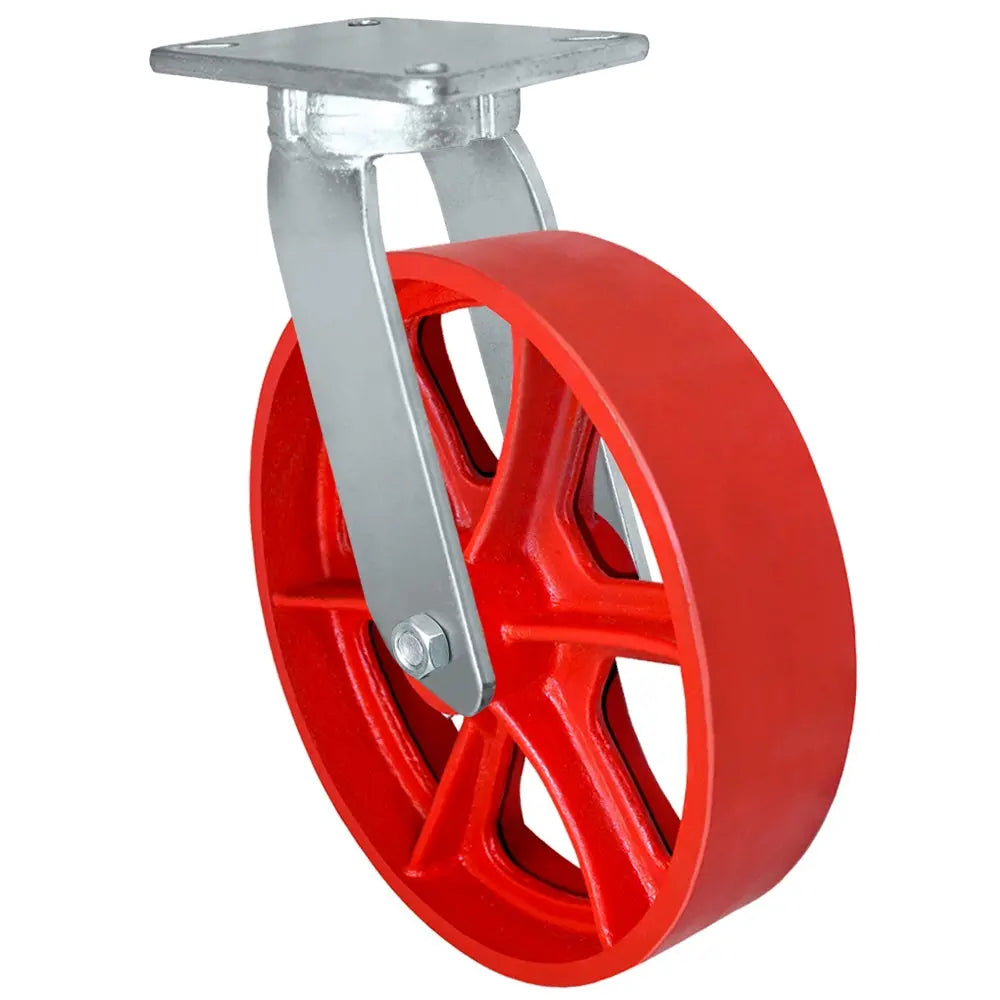 12" x 3" Kingpinless Heavy Duty Swivel Caster - Red Ductile Iron Wheel - 6,000 Lb Cap -  | CasterHQ