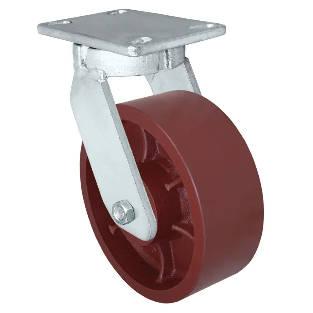 8" x 3" Kingpinless Heavy Duty Swivel Caster - Red Ductile Iron Wheel - 6,000 Lb Cap -  | CasterHQ