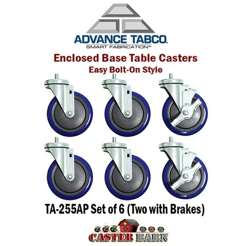 Advance Tabco TA-255AP Casters, 5" Swivel, Urethane Wheels, Set of 6 - 2 w/ Brakes CasterHQ