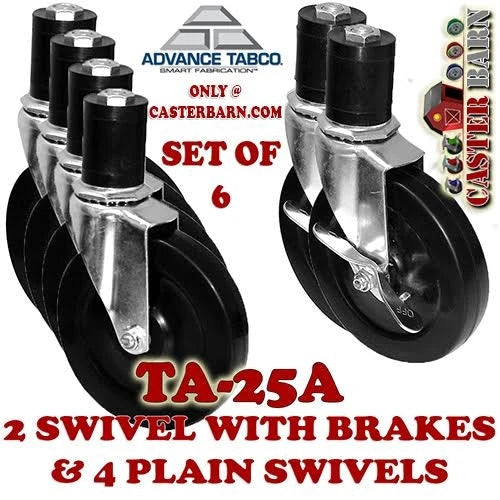 Advance Tabco TA-25A Casters, 5" Swivel, Rubber Wheels, Set of 6 - 2 w/ Brakes CasterHQ