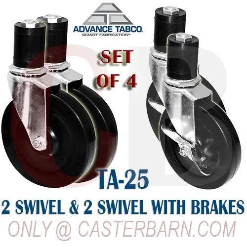 Advance Tabco TA-25 Casters, 5" Swivel, Rubber Wheels, Set of 4 - 2 w/ Brakes CasterHQ