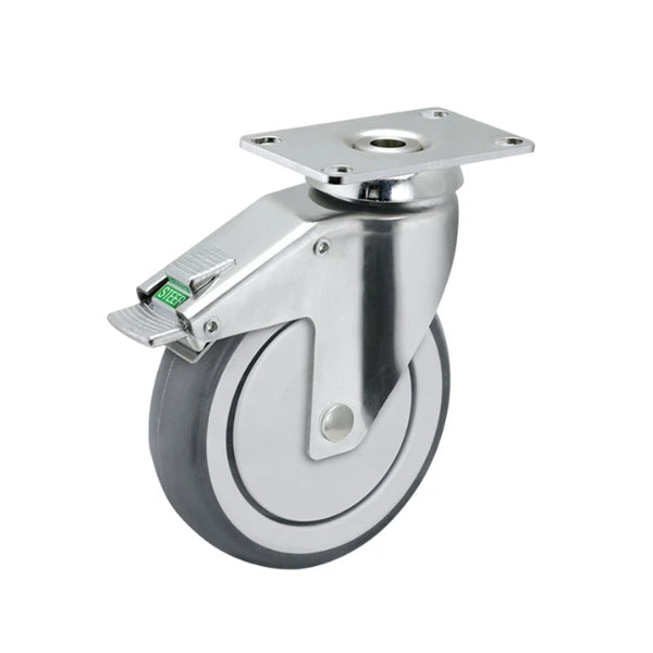 Faultless Medical 3" x 1-1/4" Thermoplastic Rubber Swivel Caster with Direction Lock Brake - 2-1/2" x 3-5/8" Top Plate, 190 lbs Capacity | SKU: CH-03TPP-125-DL-TP01 Faultless