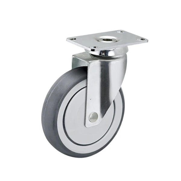 Faultless Medical 4" x 1-1/4" Thermoplastic Rubber Stainless Steel Swivel Caster - 2-1/2" x 3-5/8" Top Plate, 240 lbs Capacity | SKU: CH-04TPP-125-SW-TP01 Faultless