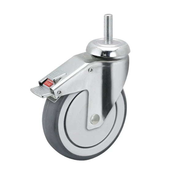 Faultless Medical 4" x 1-1/4" Thermoplastic Rubber Swivel Caster with Total Lock Brake - 1/2"-13 x 1-1/2" Threaded Stem, 240 lbs Capacity | SKU: CH-04TPP-125-TL-TS02 Faultless