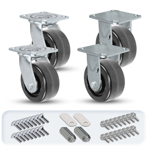 4" x 2" Heavy Duty Caster Set - 2 Swivel & 2 Rigid | 3,200 lbs Capacity | Mounting Hardware Included CasterHQ