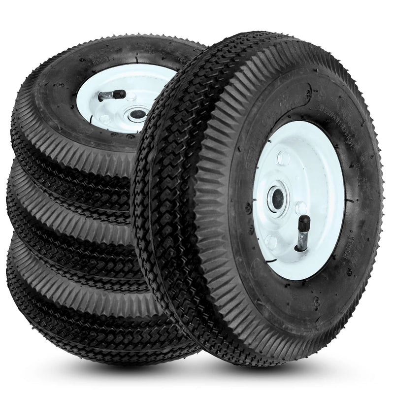 10-Inch Wheel and Tire Set - 4 Pack | 1,400 lbs Capacity Per Set | 4.10/3.50-4 Heavy-Duty Replacement Tires for Utility Dollies, Hand Trucks, Garden Carts, Gorilla Cart, Generators & Lawn Mowers | 5/8" Axle Bore, Double-Sealed Bearings CasterHQ