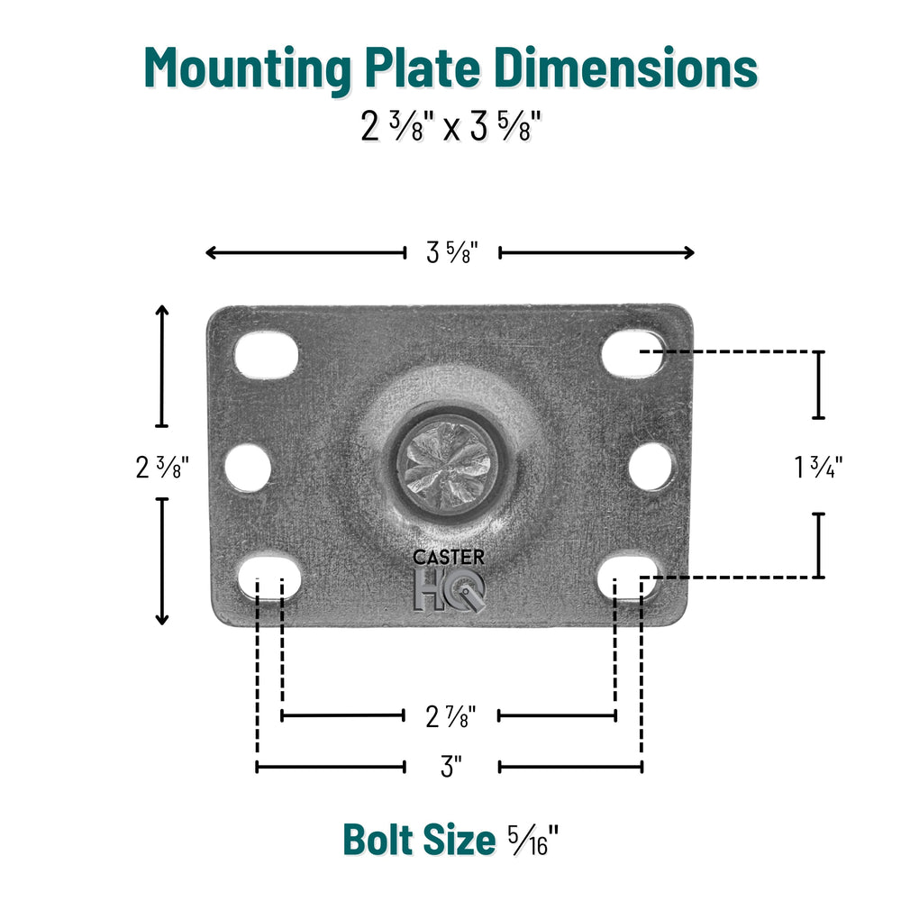 Dimensioned drawing of the standard 2-3/8 inch x 3-5/8 inch caster top plate, 1-3/4 inch x 2-7/8 inch to 3 inch bolt hole pattern, 5/16 inch attaching bolt