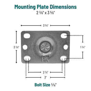 Dimensioned drawing of the standard 2-3/8 inch x 3-5/8 inch caster top plate, 1-3/4 inch x 2-7/8 inch to 3 inch bolt hole pattern, 5/16 inch attaching bolt