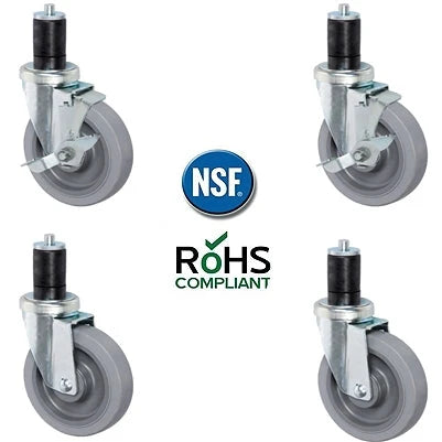 5 inch Gray TPR Caster Wheel Set For Commercial Kitchen Prep Tables, All Swivel - 2 Swivel with Brake & 2 Plain Swivel CasterHQ