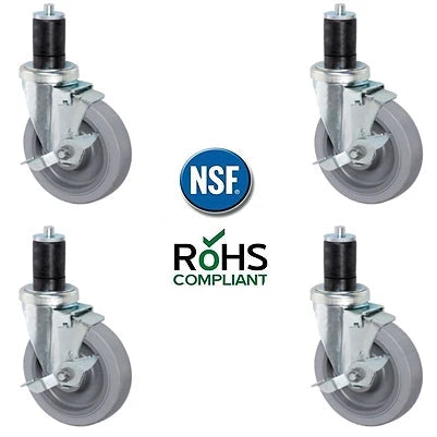 5 inch Gray TPR Caster Wheel Set For Commercial Kitchen Prep Tables, All Swivel - 4 Swivel Casters have Top Lock Brakes CasterHQ